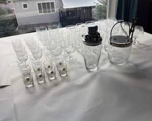 Assorted Glassware & Barware Lot with Ice Bucket and Bottle Accessories