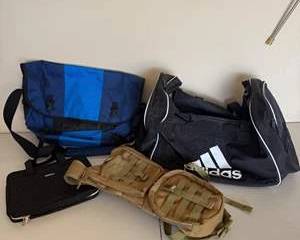 Assorted Gear Bag Lot with Adidas Duffel, Messenger Bag & Tactical Hydration Pack