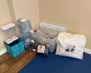 Assorted Household Storage & Bedding Lot with Organizers and Comforter