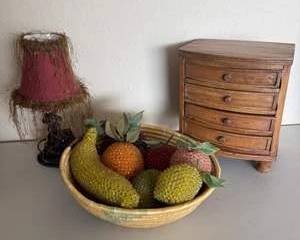 Vintage 1970's decorative Fruit Bowl, Mini Wood Chest & Accent Lamp Décor