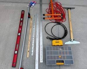 Assorted Hand Tools, Measuring Tools, and Jobsite Supplies