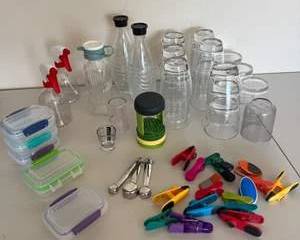 Assorted Kitchen Storage & Household Accessories with Glassware, Containers & Measuring Spoons