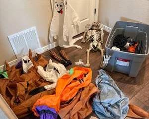 Assorted Halloween Decorations Lot with Inflatable Props, Skeleton