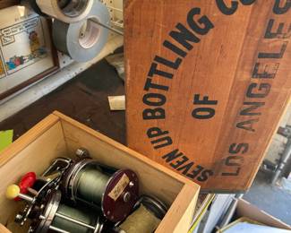 vintage fishing reels. Original 7Up packing crate. 
