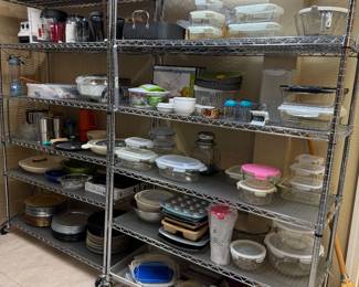 Platters, kitchen appliances, glass lock n lock storage containers, glass pampered chef containers