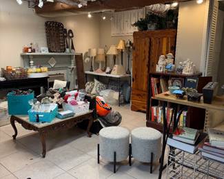 Foot stools, cedar robe, lamps, candles, records