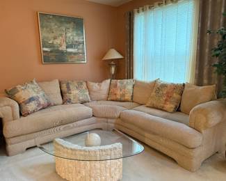 Sectional sofa and MCM glass and stone coffee table 