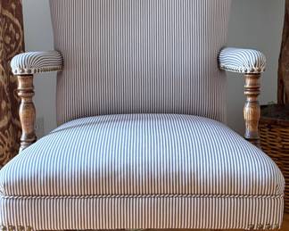 Antque Chair, Recovered in Ticking Style Fabric
