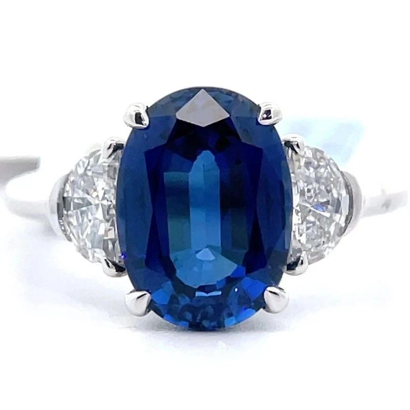 NEW! 4.94 Carat Sapphire & Diamond Half Moon & Oval Three-Stone Ring in 14k White Gold