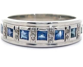 Blue Spinel & Natural Diamond Band Ring in Sterling Silver