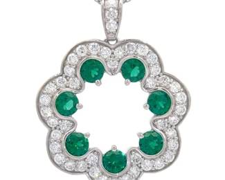 1.35 Carat Diamond & Emerald Open Lace Wreath Pendant Necklace