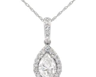 1 Carat Diamond Pear Halo Drop Pendant Necklace in 14k White Gold
