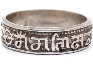 Tibetan Script Mantra Band Estate Ring in Sterling Silver