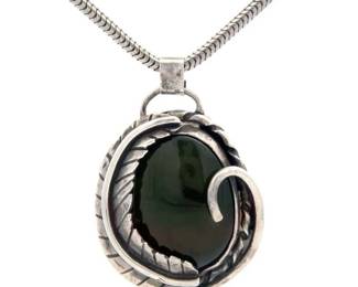 Designer Coro Nephrite Jade Pendant Necklace in Sterling Silver