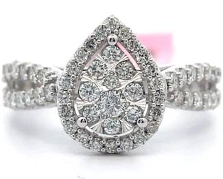 1 Carat Diamond Pear Pavé Halo Split Shank Ring in 14k White Gold