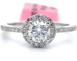 1 Carat Diamond Round Halo Cathedral Ring in 14k White Gold