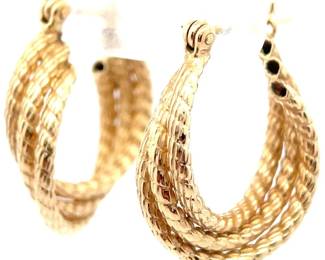 14K Yellow Gold Textured Hoop Earrings; Classic Statement Style