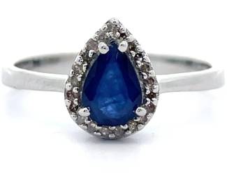 Blue Sapphire & Natural Diamond Halo Ring in Sterling Silver