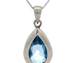 Blue Topaz Pendant Estate Necklace in Sterling Silver
