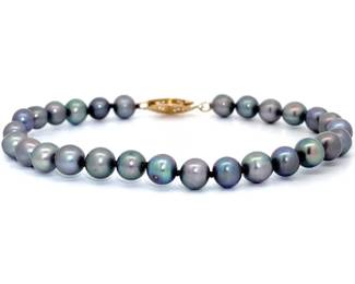 Black Tahitian Cultured Pearl Single Strand Bracelet w/ 14k Gold Plunger Clasp