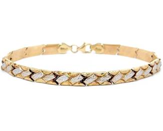 Textured Geometric Pattern Snake Skin Style Hinge Link Bracelet in Two-Tone 14k Gold