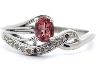 Oval Red Gemstone & Diamond Wave Ring