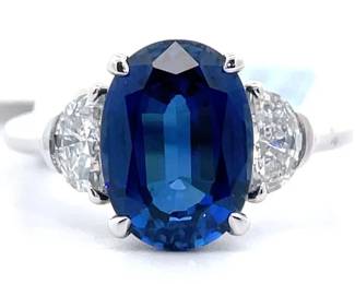 NEW! 4.94 Carat Sapphire & Diamond Half Moon & Oval Three-Stone Ring in 14k White Gold