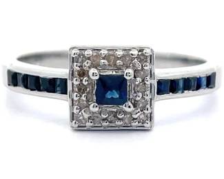 Blue Sapphire & Natural Diamond Halo Ring in Sterling Silver