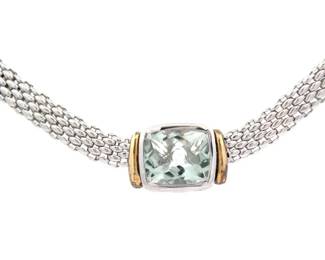 EFFY Prasiolite Green Quartz Bezel Solitaire Mesh Link Two-Tone Necklace