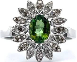 Green Tourmaline & Natural Diamond Sunflower Cluster Ring