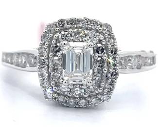 1 Carat Diamond Emerald Cut & Concentric Halo Ring in 14k White Gold
