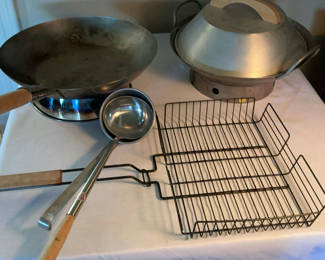 Lot 36: Vintage metal Woks, cookware and utensils