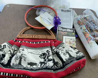 Lot 23: Vintage Red and black patterned knit handbag with embroidery supplies