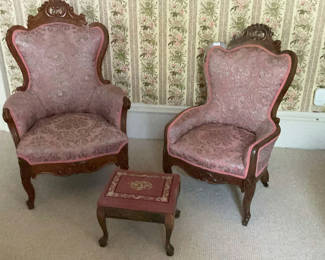 Lot 3: Two Victorian Arm Chairs, Needle Point Foot Stool