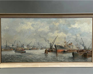 Lot 7: Signed Pieter Van Schaik Rotterdam Harbor Oil Painting