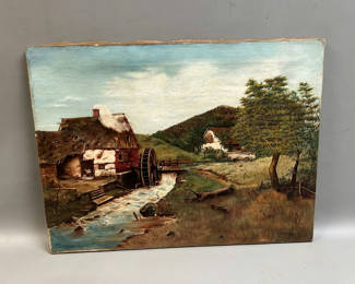 Lot 41: Signed Landscape Waterwheel Oil Painting