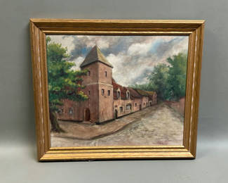 Lot 20: European Street Scene Old Building Oil Painting. 