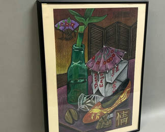 Lot 45: Asian Theme Unusual Pastel Drawing Signed 