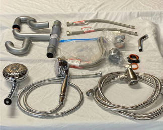Lot 135: Shower head with hoses and assorted plumbing fittings