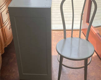 Lot 35: White Metal Chair and Small Wood Cabinet