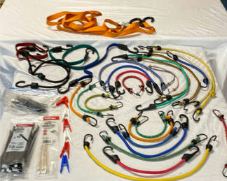 Lot 127: Assorted bungee cords, hooks, and cable ties