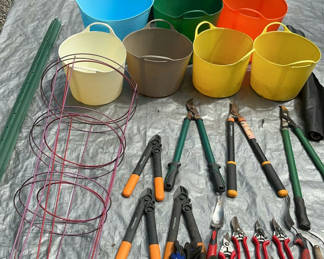 Lot 113: Hand Tools, Gorilla Buckets, Wheelbarrow And More