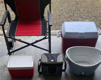 Lot 48: Camp Chair, Coolers And Cool Folding Bench