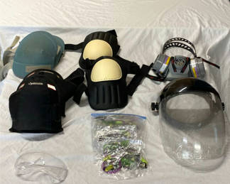 Lot 117: Knee pads, elbow pads, respirator, face shield, goggles, and earplugs PPE set