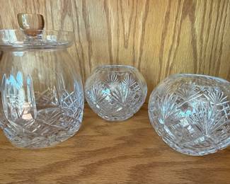 Cut Crystal Covered Jar and Two Rose Bowls Set