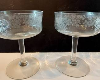 Monongah Glass Roseland Etched Champagne Coupes