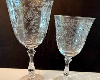 Monongah Glass Roseland Etched Champagne Coupes