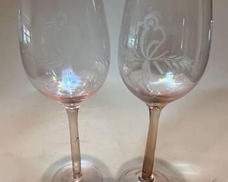 Pink Etched Glass Wine Goblets with Bird Motif Style