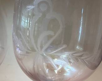 Pink Etched Glass Wine Goblets with Bird Motif Style