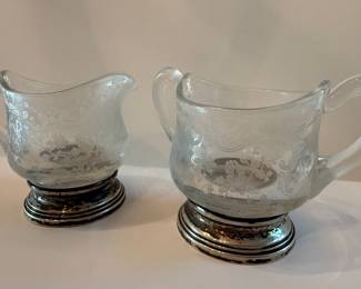 Cambridge Chantilly Etch Glass Creamer and Sugar Set Sterling Base